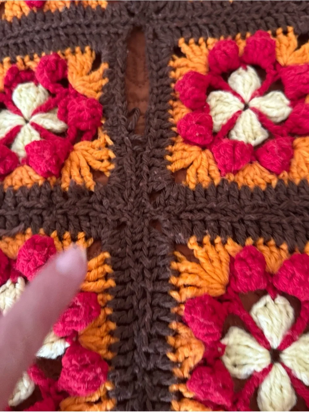 Handmade Crochet Granny Square Afghan Throw 94x51 Floral Brown Red Orange AS-IS